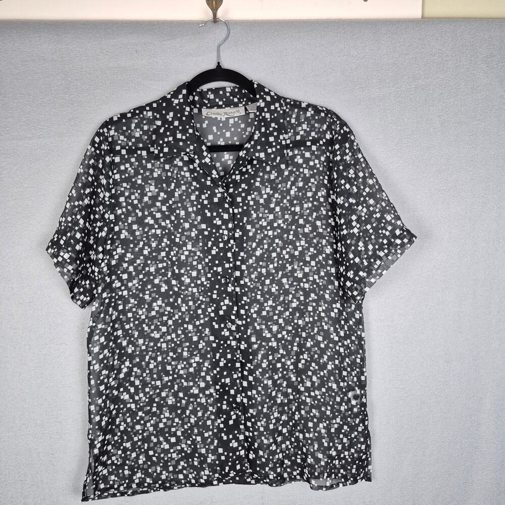 Claudia Richard Size S Button Up Sheer Blouse Black White Confetti Print Disco